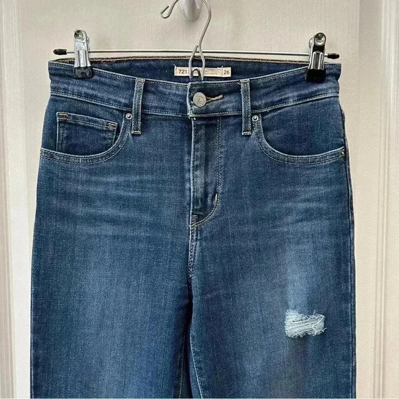 Levi’s 721 High Rise Skinny Jeans Distressed Dark Blue Denim Size 26 - Picture 7 of 16